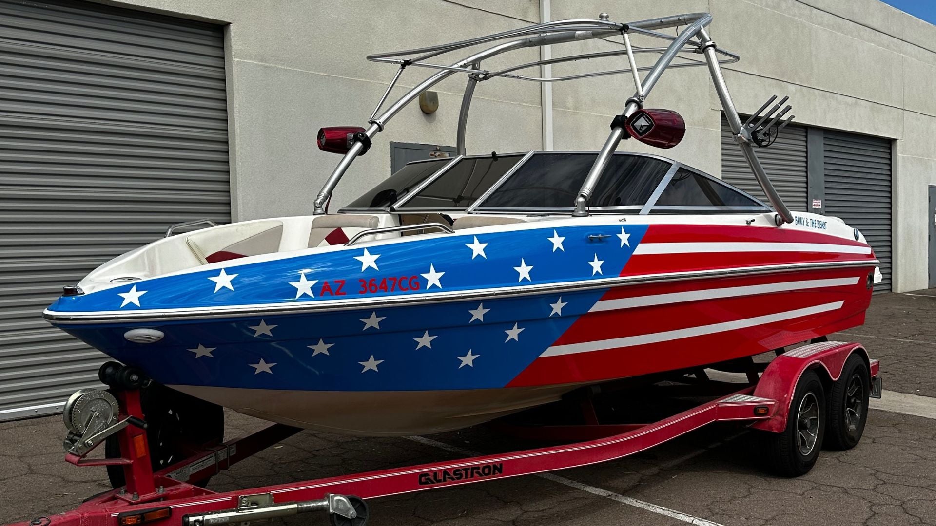 Custom American flag boat wrap with red, white, and blue stars and stripes in Tempe, Arizona