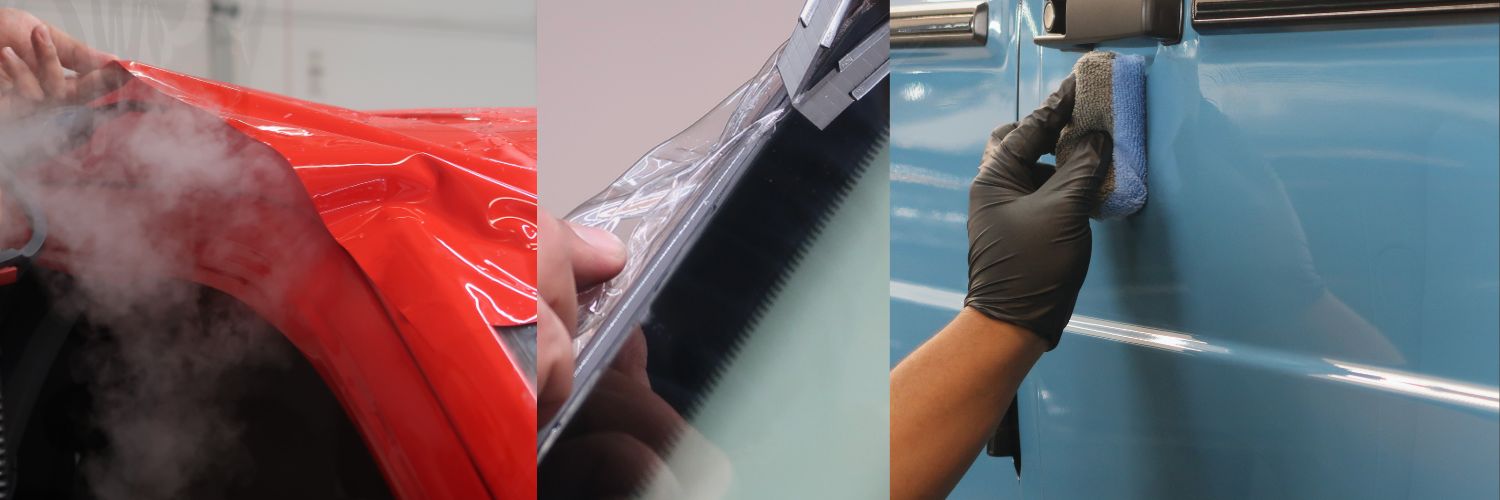 Collage of installers applying color change paint protection film, windshield protection film, and ceramic coating